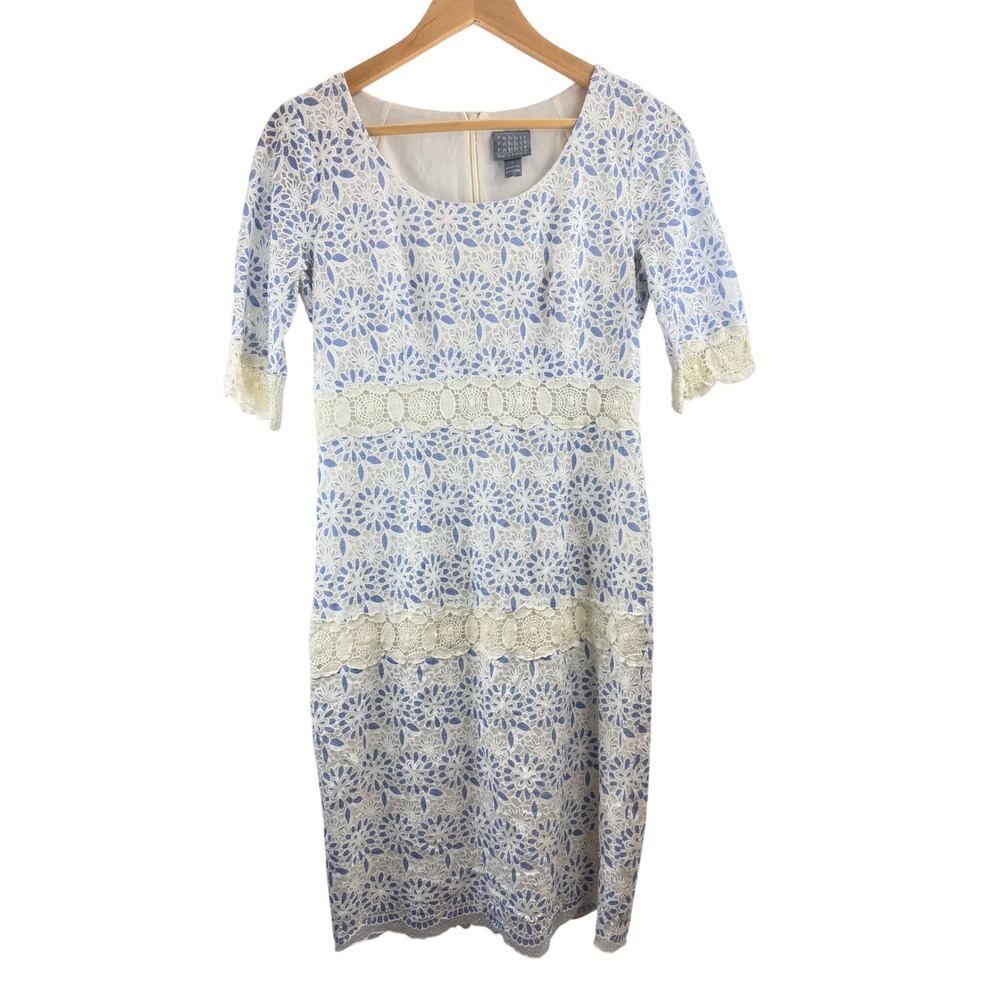 Rabbit Rabbit Designs Blue‎ White Floral Lace Crochet Sheath Boho Dress Wedding